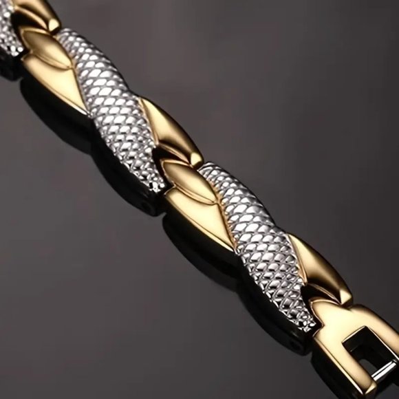 Stylish X Design Stainless Steel Magnetic Bracelet Two Tone Snake Print - Picture 6 of 7